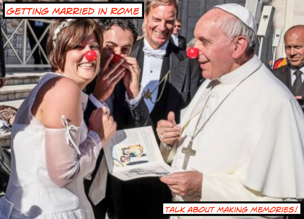 Pope Francis jokes with a newlywed couple in Rome.